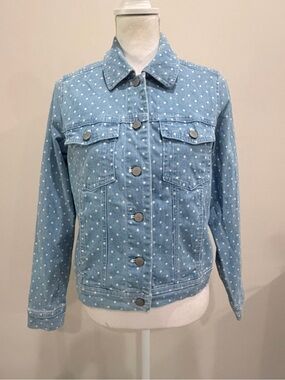 Denim & Co. Cropped Jean Denim Jacket Womens XS White Polka Dot Stretch Buttons